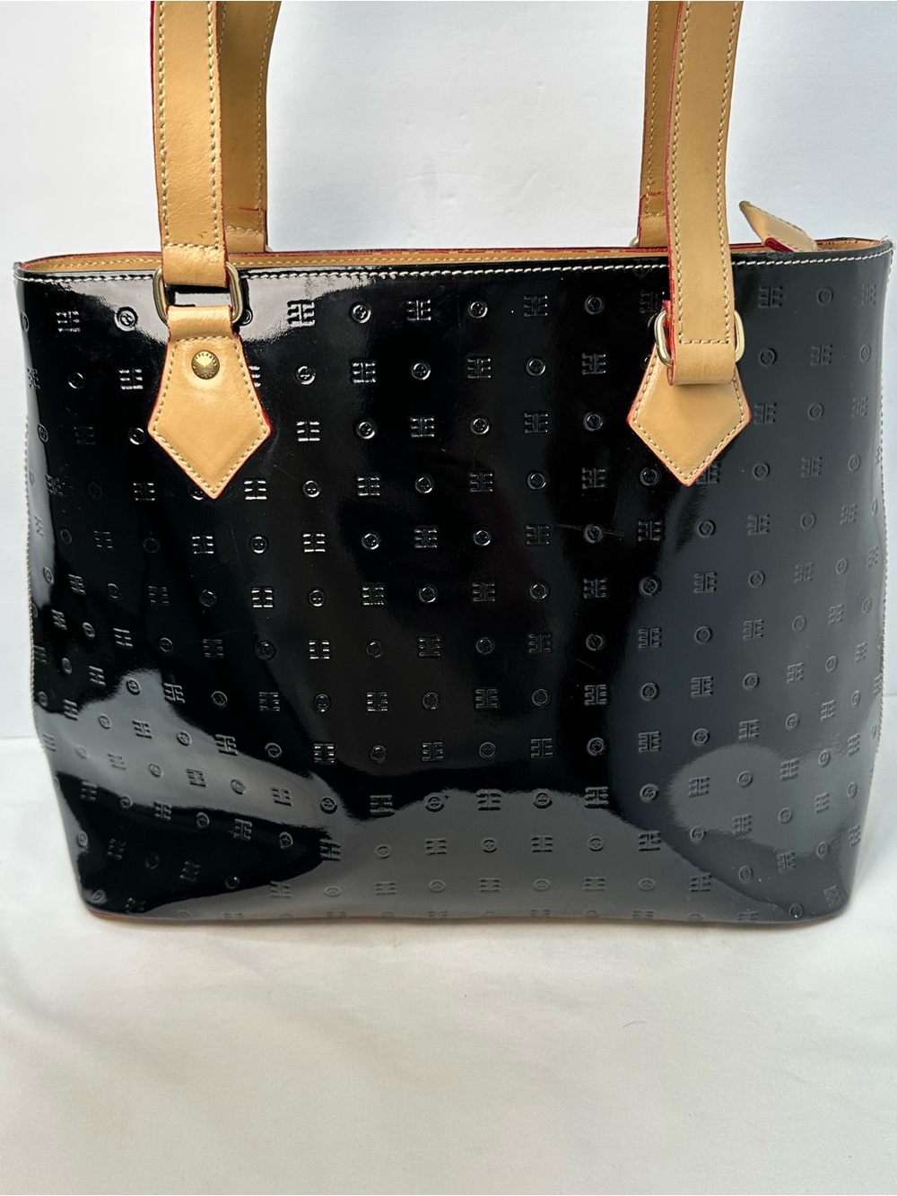 Arcadia Black Patent Tote with Tan Handles